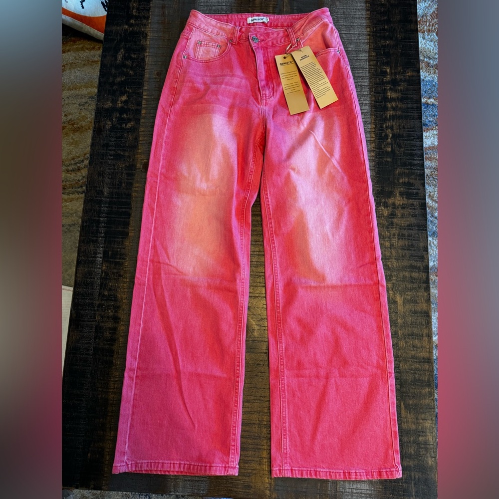 NWT Women's Pink High Waisted Crossover Jeans Wide Leg Stretchable Casual Size 8 - Picture 6 of 16